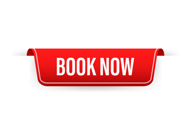 Red ribbon on book now text on white background. Promotion sign.